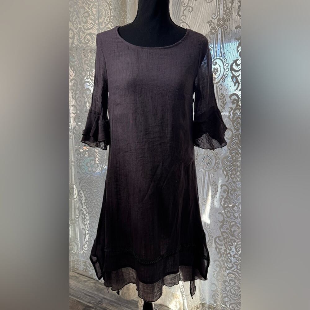 Aria Women’s Sz M Silk Cotton Asymmetrical Hem Bell Sleeve Gray Dress - Picture 8 of 8